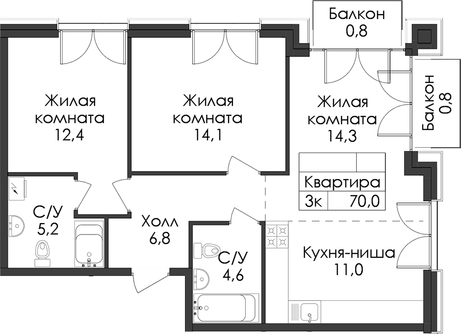 2-комнатная квартира 70 м², 7/9 эт., ЖК «Лермонтовский 54»